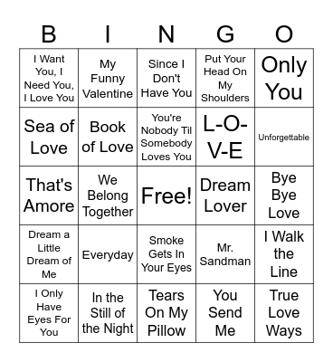 50's Greatest Love Songs Bingo Card