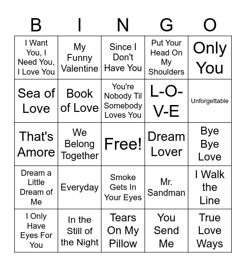 50's Greatest Love Songs Bingo Card