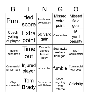 Super Bowl Bingo (Kids) Bingo Card