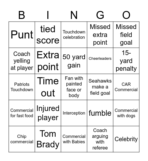Super Bowl Bingo (Kids) Bingo Card
