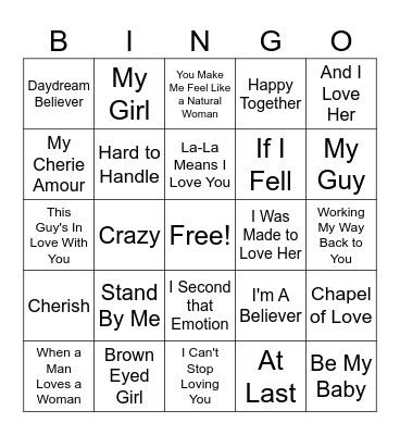 60's Greatest Love Songs Bingo Card