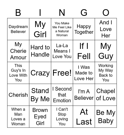 60's Greatest Love Songs Bingo Card