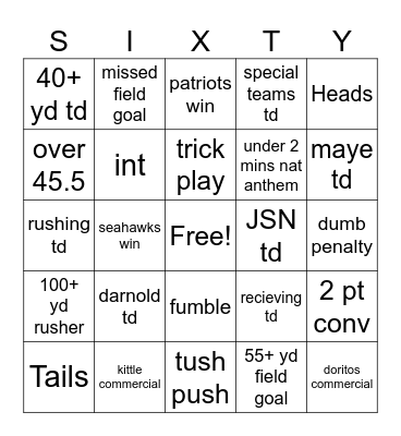 Super Bowl 60 Bingo Card