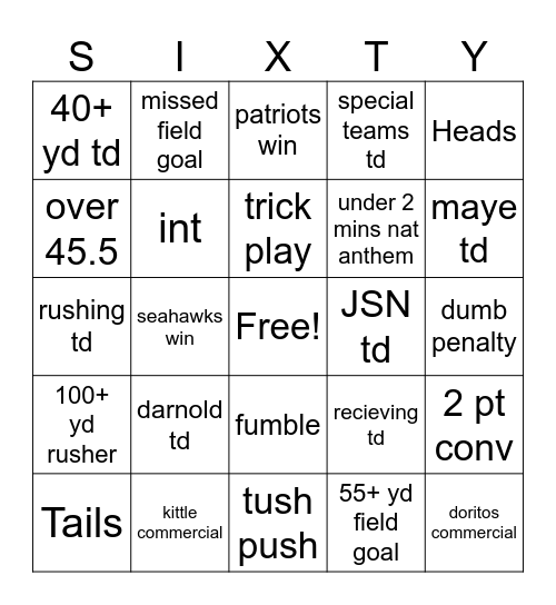 Super Bowl 60 Bingo Card