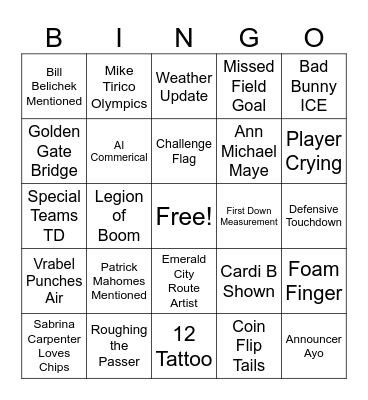 Superbowl Bingo Card