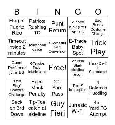 Super Bowl LX Bingo Card