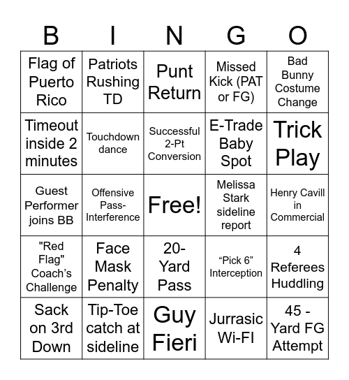 Super Bowl LX Bingo Card