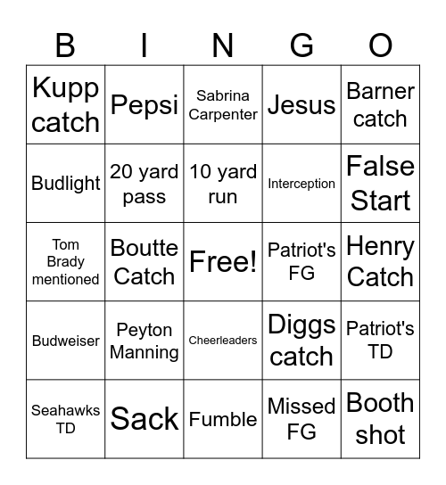 SuperBowl 2026 Bingo Card