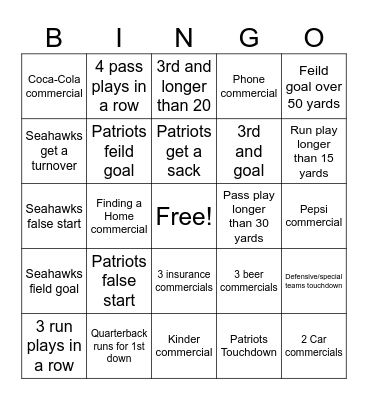 Super bowl Bingo Card