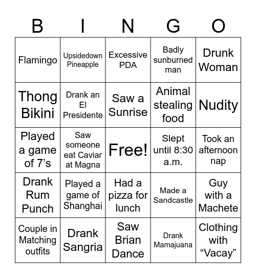 Excellence El Carmen Bingo Card