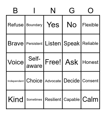 Strengths and Self-Advocacy Language Bingo Card