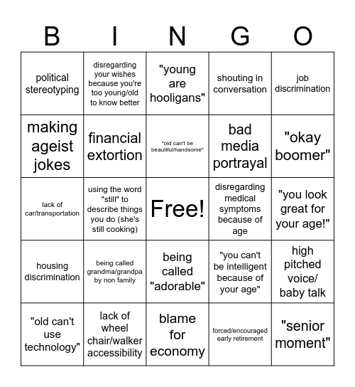Ageism Bingo Card