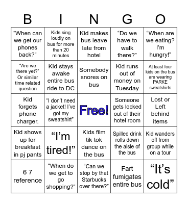 DC trip bingo Card