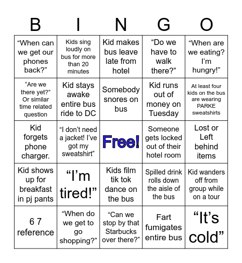 DC trip bingo Card