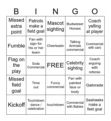 Super Bowl Bingo (Kids) Bingo Card