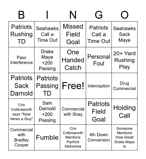 Superbowl LX Bingo Card