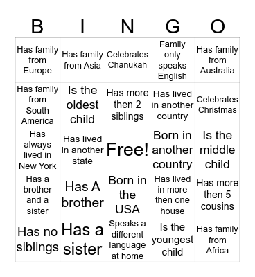 Family Bingo Card