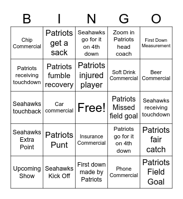 SUPER BOWL Bingo Card