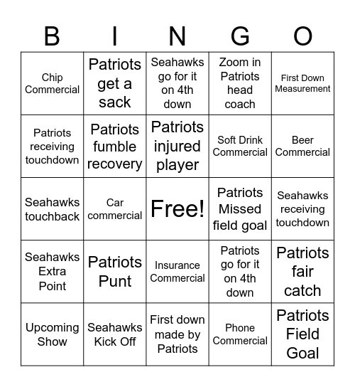 SUPER BOWL Bingo Card