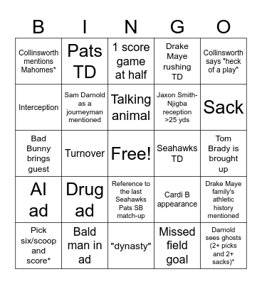 Super Bowl LX Bingo Card