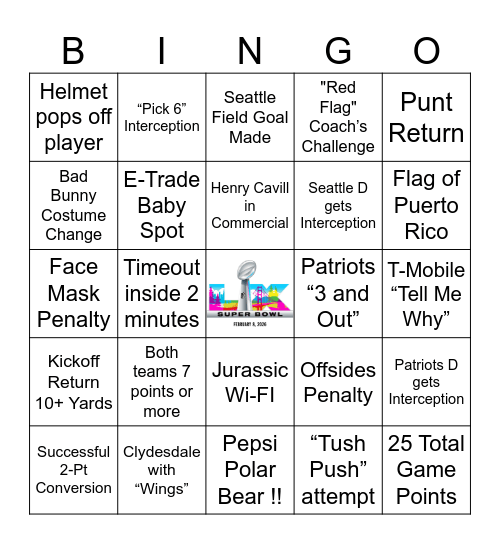Super Bowl LX Bingo Card