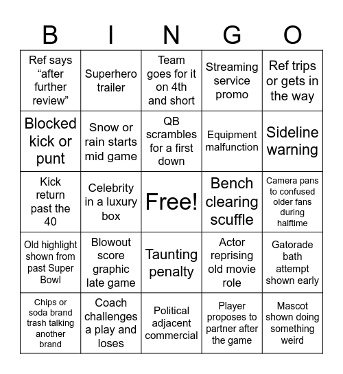 2026 Superbowl! Bingo Card