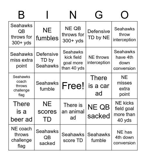 Super Bowl Bingo Card