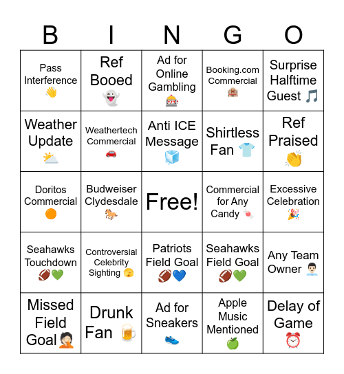 Superbowl LX Bingo Card