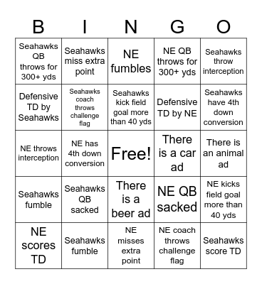 Super Bowl Bingo Card