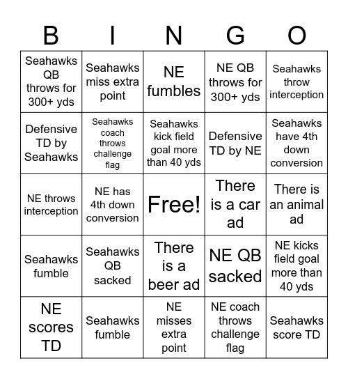 Super Bowl Bingo Card