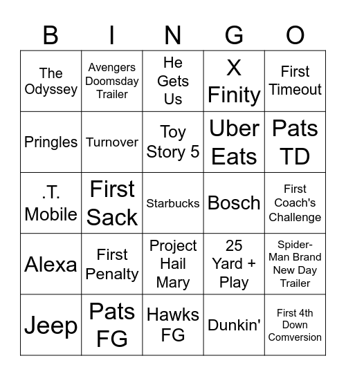 Superbowl LX Bingo Card