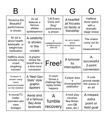 Super Bowl LX Bingo Card