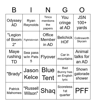 Super Bowl Bingo Card