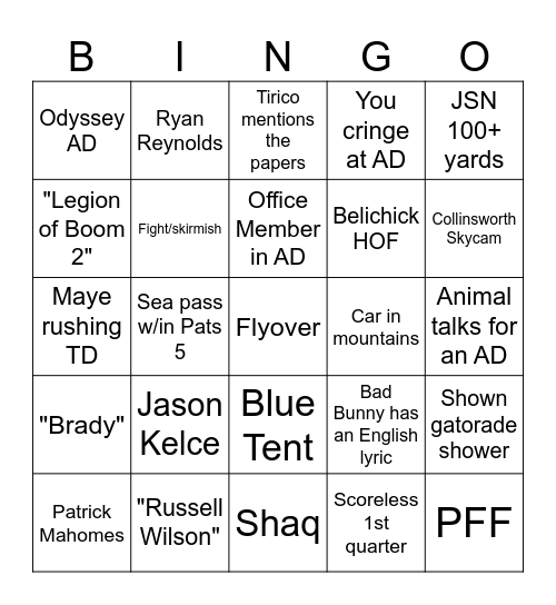 Super Bowl Bingo Card