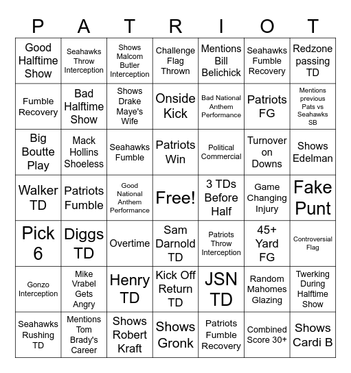 Super Bowl 60 Bingo Card