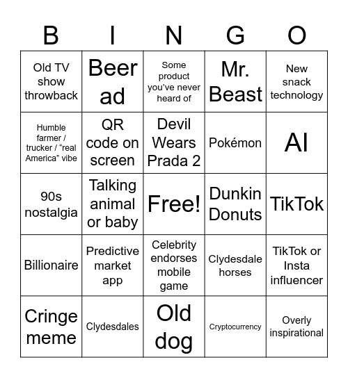 Super Bowl Commercial Bingo Card