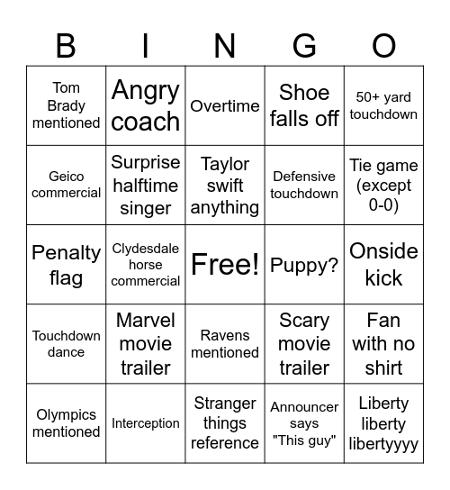 Super Bowl Bingo Card