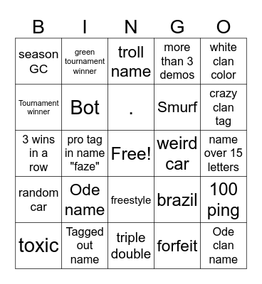 Rocket League Bingo Card