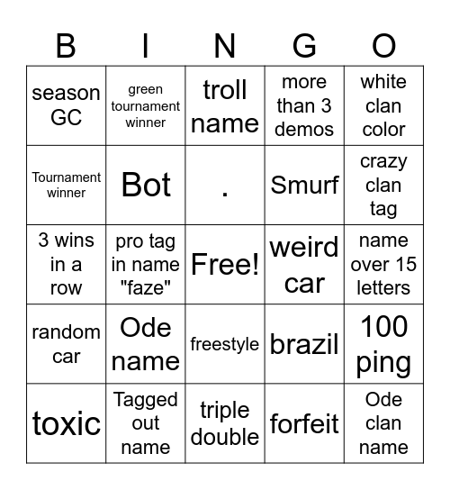 Rocket League Bingo Card