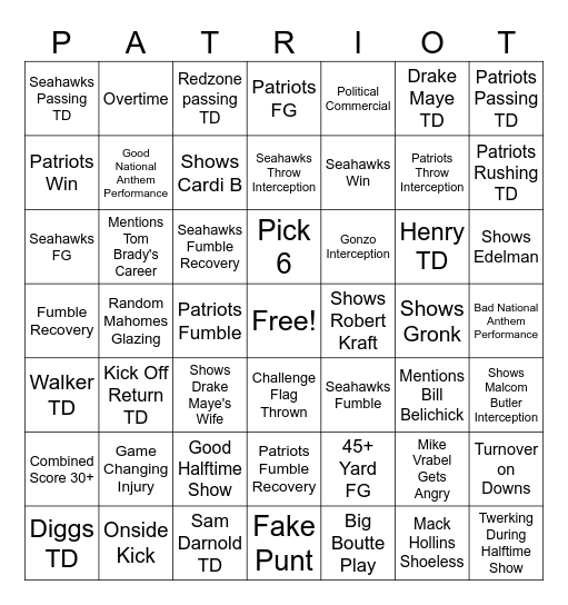 Super Bowl 60 Bingo Card