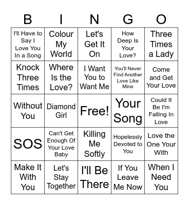 70's Greatest Love Songs Bingo Card