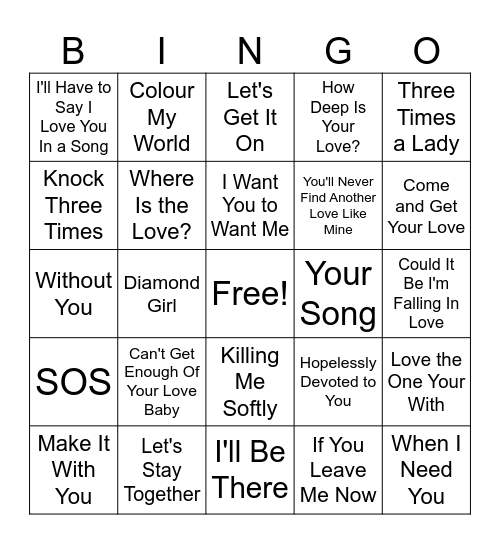 70's Greatest Love Songs Bingo Card