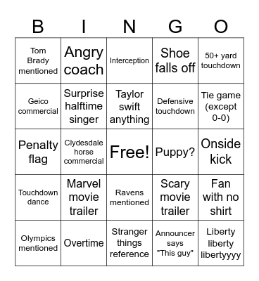 Super Bowl Bingo Card