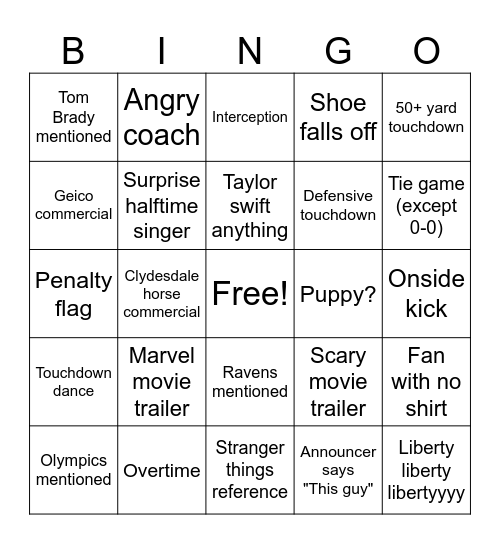 Super Bowl Bingo Card