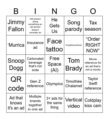 Super Bowl Bingo Card