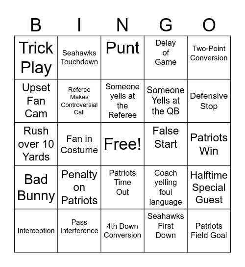 Super Bowl LX Bingo Card