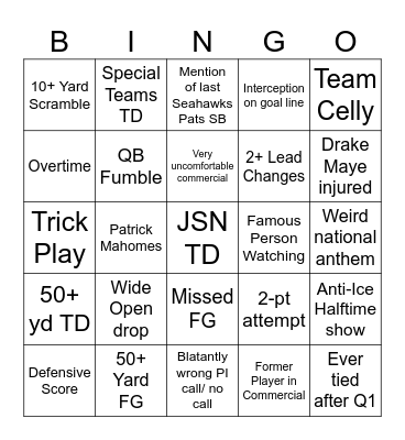 Super Bowl Bingo Card