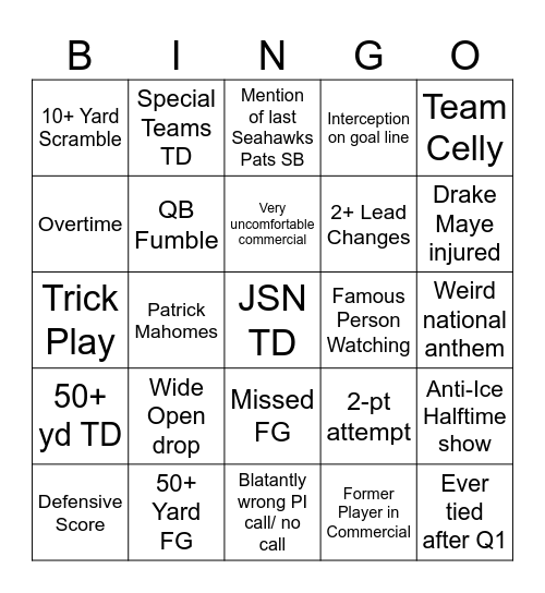 Super Bowl Bingo Card