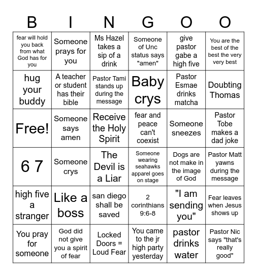 Jr High Bingo Card