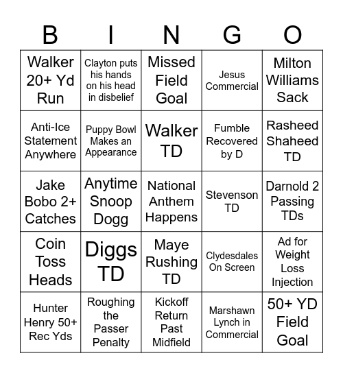 Super Bowl 2026 Bingo Card